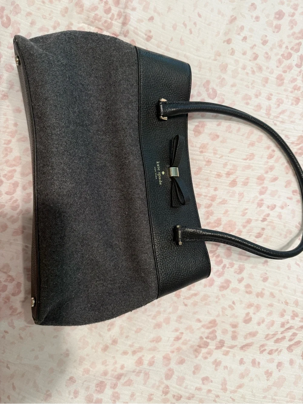 kate spade gray felt and black leather tote with bow